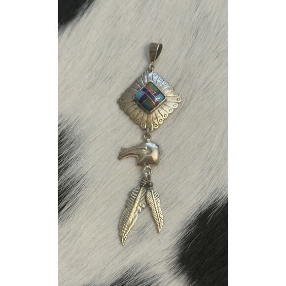 Native American Sterling Silver Inlaid Turquoise Lapis Spiny Bear Dangle Pendant - Picture 2 of 8
